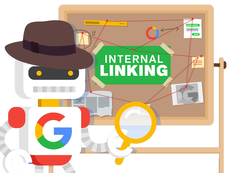 A robot with a google logo on his chest holding a magnifying glass in front of a board that depicts internal linking.