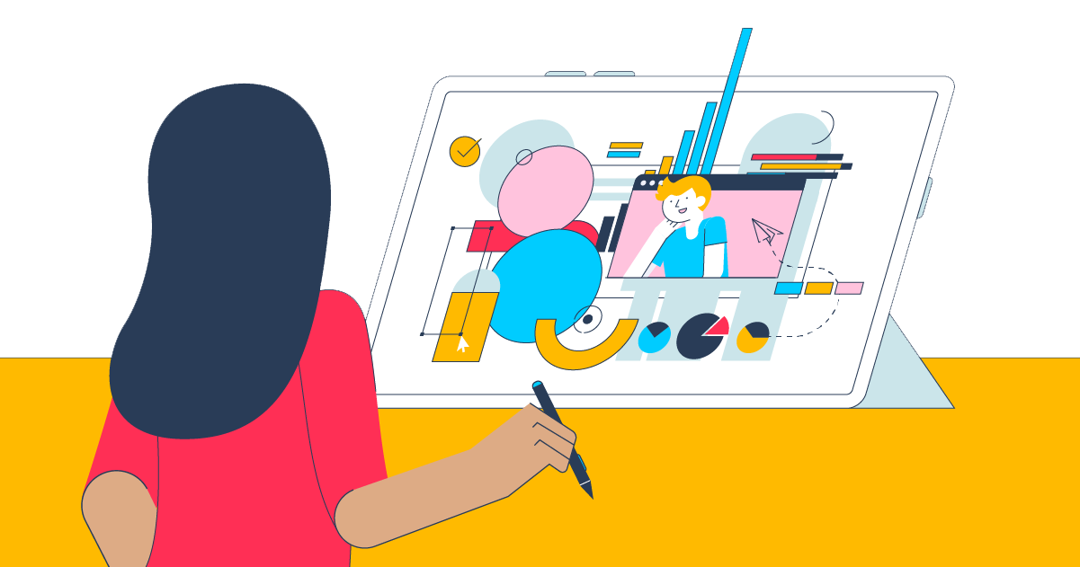 image of a graphic artist working in front of a computer screen with a design full of things