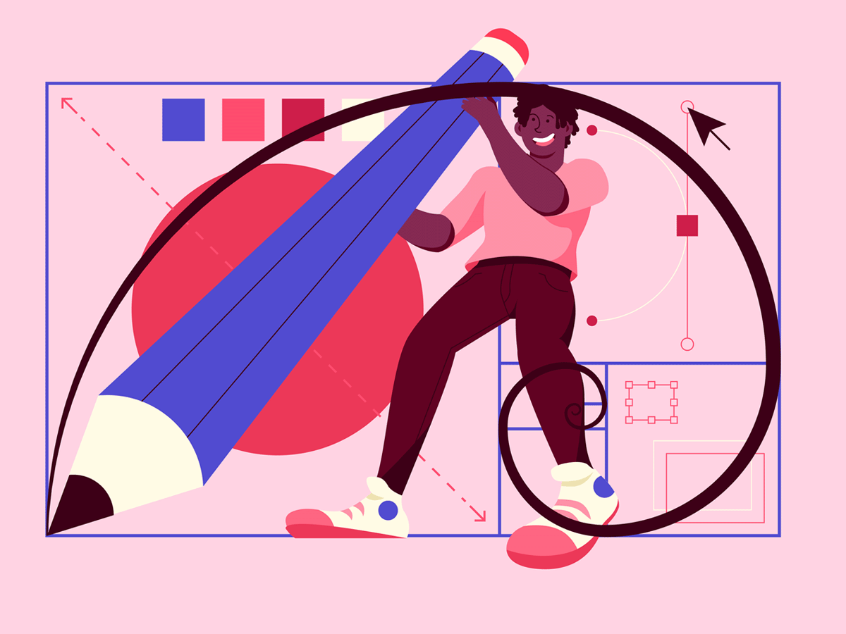 Designer holding a giant pencil overlaid on a golden ratio graphic with design elements in the background.
