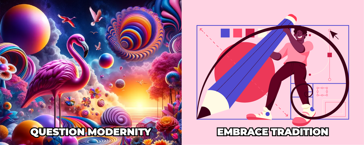 AI-generated fantasy landscape with 'Question Modernity' text alongside handcrafted Golden Ratio art with 'Embrace Tradition' text