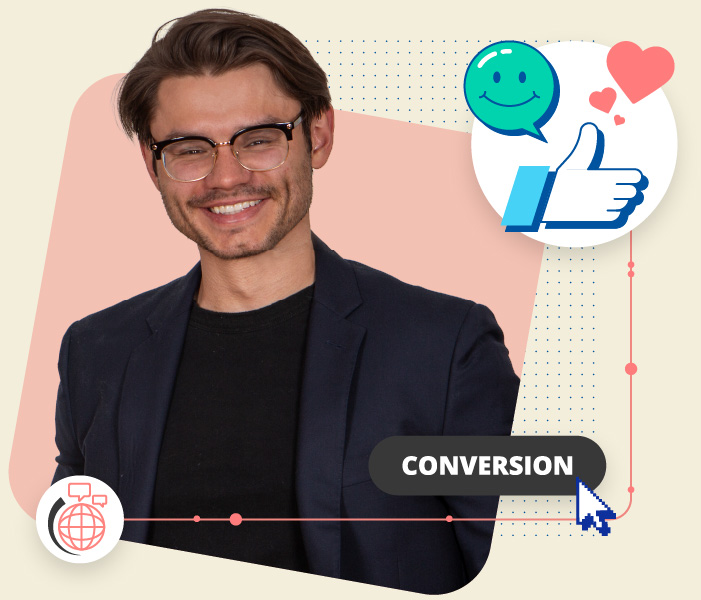 Photograph of a man with graphic overlay of a globe and treasure chest with text: conversion