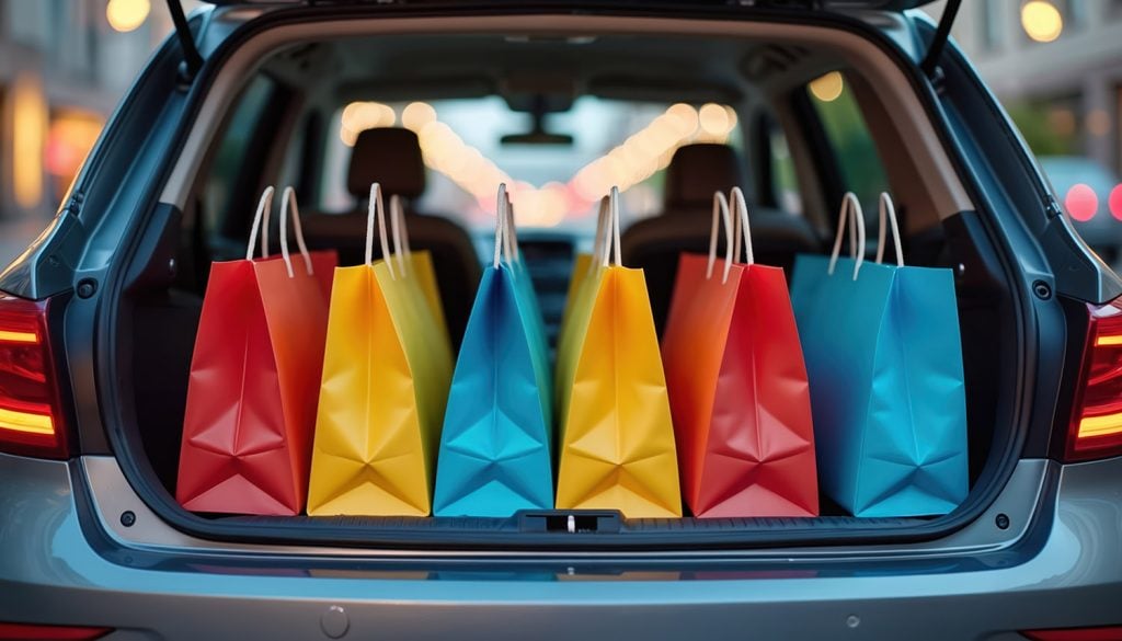 different color shopping bags in the back of a car 