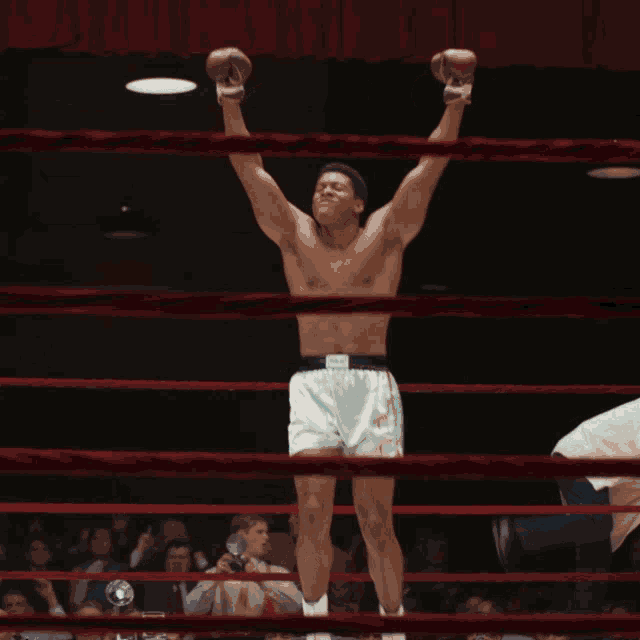 Boxer with hands up celebrates victory