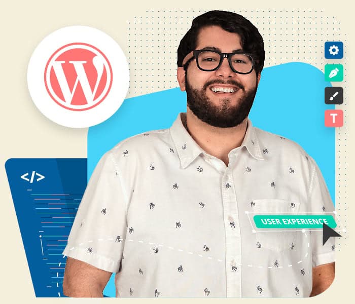 Smiling person with WordPress logo