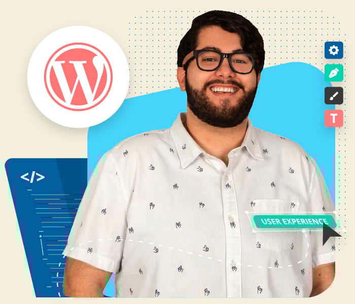 Photograph of a woman with web design graphics