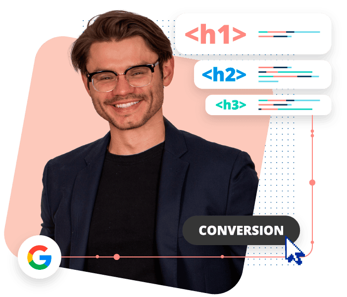 Man smiling with coding elements overlay