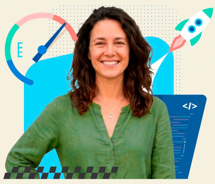 Smiling woman with tech-themed background.