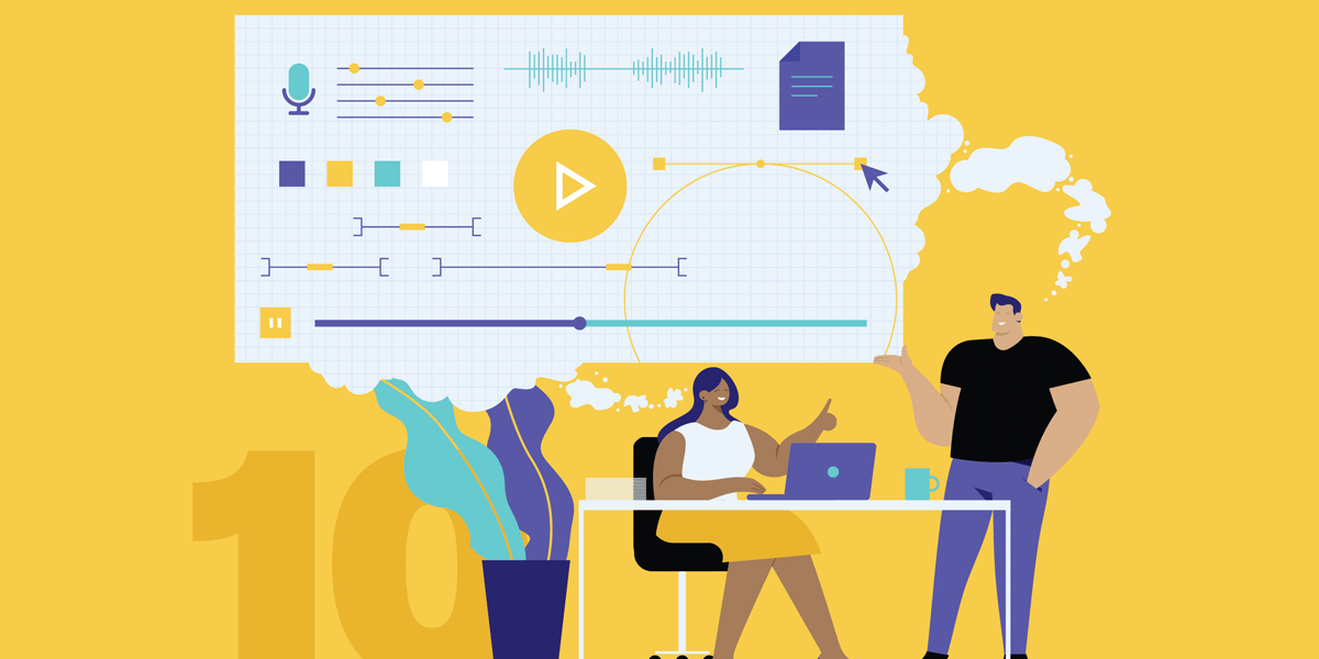 two designers discussing the motion graphics process with animation tools behind them.